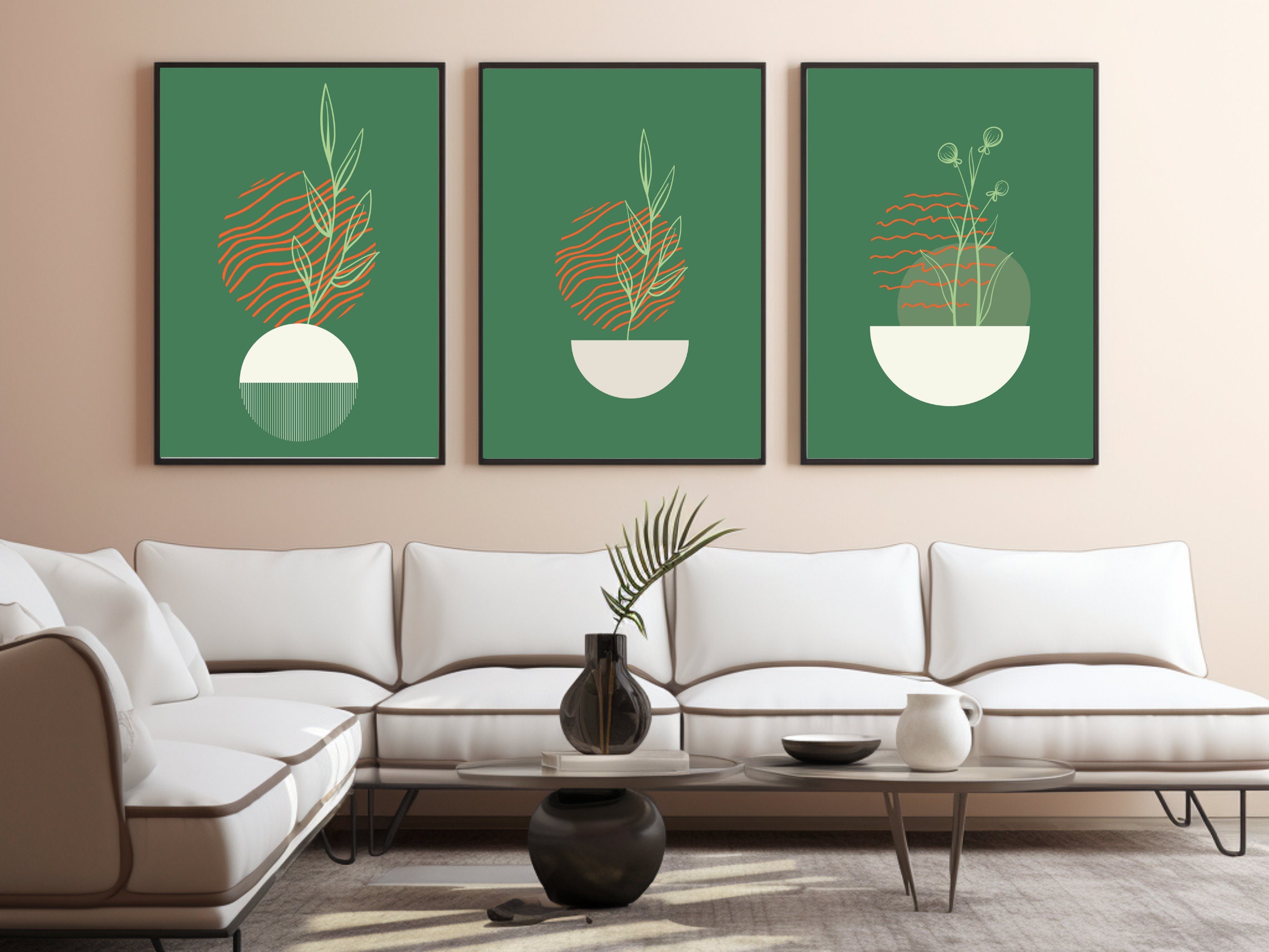 Mid Century Modern Sage Green Wall Art Sage Green Prints Set - Etsy