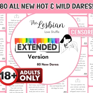 May include: A set of 80 game cards titled The Lesbian Love Shuffle Extended Version. The cards feature pink borders, black text, and a central circular graphic with a rainbow-colored top edge, a line drawing of two people, and an 18+ Adults Only label.