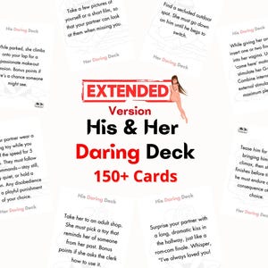 May include: A set of white cards labelled "His & Her Daring Deck," with "EXTENDED Version" and "150+ Cards" in red. The cards contain prompts for couples, with a suggestive illustration. The text is in English.