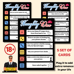 Spel voor koppels, set van 5 Dirty Dice-spelkaarten voor volwassenen afdrukbaar, Date Night Games alleen voor volwassenen, kaartspel romantisch stel, gespreksstarters
