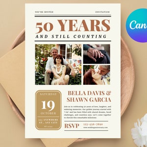 Faire-parts pour 50e anniversaire de mariage, modèle d'invitation de fête imprimable avec photo, invitation de journal numérique pour un anniversaire d'or