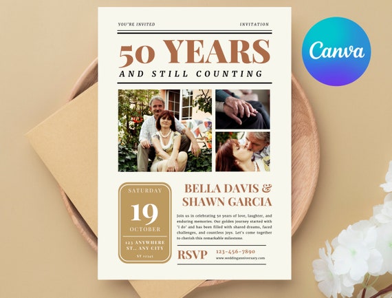 50th Anniversary Newspaper Invitation Template with Photo (Digital)