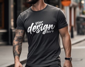 Dark Grey Heather Bella Canvas 3001 Mockup, T-Shirt Mockup, Mens t-shirt Mockup, Male Model Mockup, Tattoos, Dark Grey Tshirt Mock Up