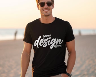 Black Bella Canvas 3001 Mockup, T-Shirt Mockup, Mens t-shirt Mockup, Male Model Mockup, Nature, Beach, Black Tshirt Mock Up