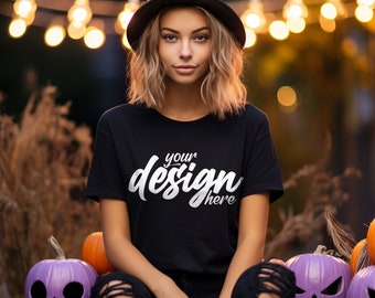 Black Bella Canvas 3001 Halloween Mockup, BC3001 Halloween T-Shirt Mockup, Womens T-shirt Mockup, Model Mockup, Black Tshirt Mock Up
