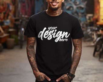Black BELLA CANVAS 3001 Mockup, T-Shirt Mockup, Mens t-shirt Mockup, Male Model Mockup, Tattoos, Black Tshirt Mock Up