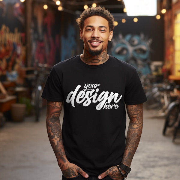 Black BELLA CANVAS 3001 Mockup, T-Shirt Mockup, Mens t-shirt Mockup, Male Model Mockup, Tattoos, Black Tshirt Mock Up