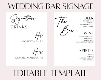 Sjabloon trouwbarbord: kenmerkend drankmenu (digitale download)