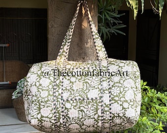Green Floral Print Quilted Cotton Duffle Bag, Hand-Printed Travel Bag