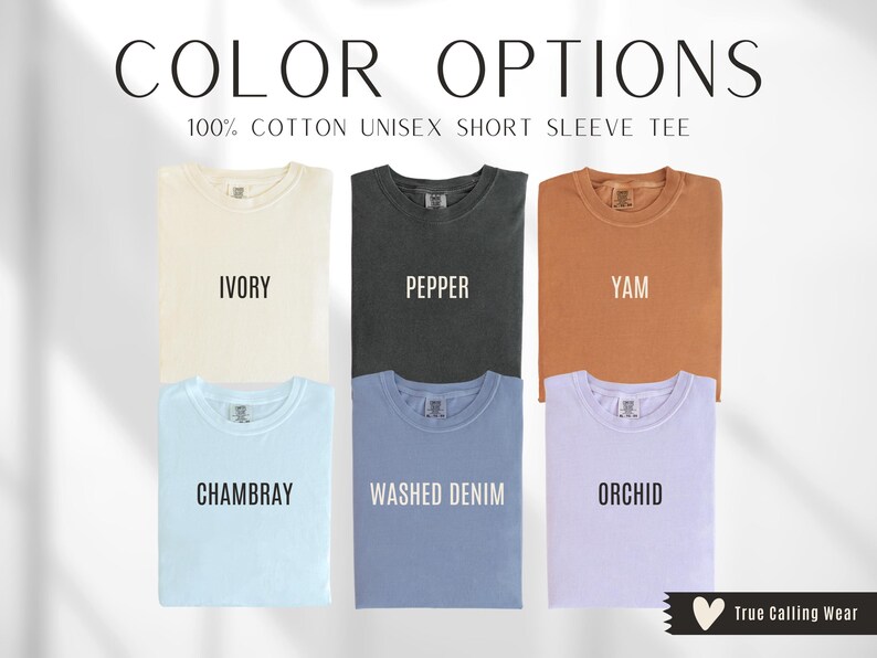 May include: Image showcasing six short-sleeve t-shirts in various colors: ivory, pepper, yam, chambray, washed denim, and orchid. The text "COLOR OPTIONS" and "100% COTTON UNISEX SHORT SLEEVE TEE" are displayed at the top. The brand logo is at the bottom.