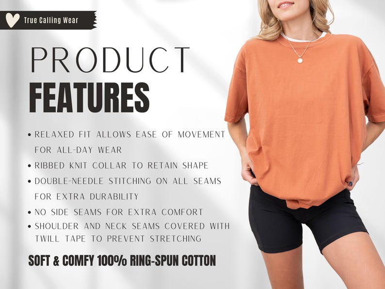 May include: An orange short-sleeved t-shirt with a white collar is shown. The text on the left reads "PRODUCT FEATURES" and lists features like relaxed fit, ribbed collar, and double-needle stitching. The shirt is made of soft, ring-spun cotton.