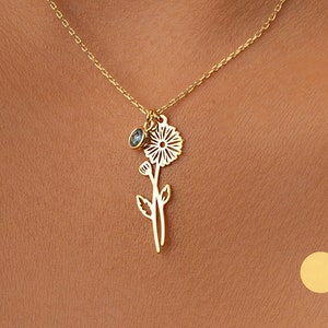 14K Gold Custom Birth Flower Necklace with Birthstone, Personalized Birth Month Flower Necklace, Birthday Gift for Her, Mom Necklace