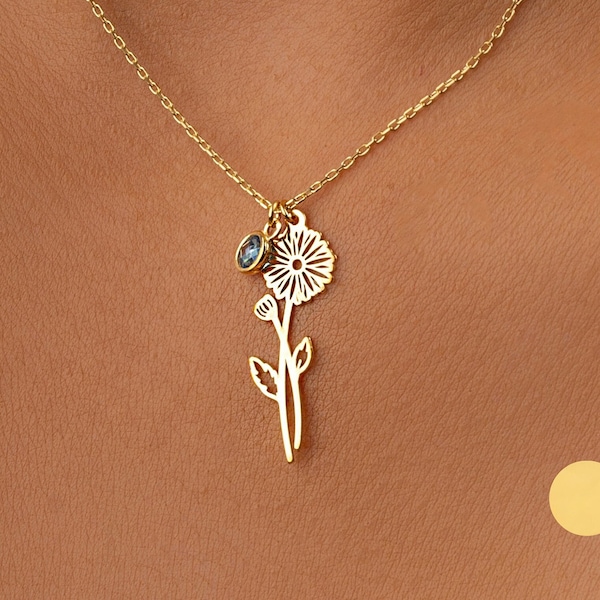 14K Solid Gold Custom Birth Flower Necklace with Birthstone, Personalized Birth Month Flower Necklace, Birthday Gift for Her, Valentines Day