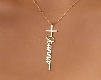 14K Gold Custom Cross Name Necklace, Personalized Cross Necklace, Dainty Cross Necklace, Christian Gifts for Her, Religious Jewelry
