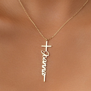 14K Gold Custom Cross Name Necklace, Personalized Cross Necklace, Dainty Cross Necklace, Christian Gifts for Her, Religious Jewelry