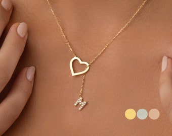 14K Solid Gold Initial Zircon Necklace with Heart, Personalized Initial Necklace, Custom Initial Necklace, Heart Initial Necklace