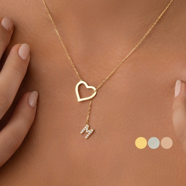 14K Solid Gold Initial Zircon Necklace with Heart, Personalized Initial Necklace, Custom Initial Necklace, Heart Initial Necklace