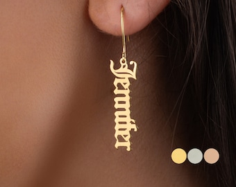 14K Gold Name Earrings, Custom Name Earrings, Personalized Name Earrings, Old English Name Earrings, Birthday Gift for Her, Gold Earrings