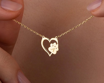 14K Gold Paw Print Name Necklace for Women, Personalized Cat Necklace, Paw Necklace, Pet Memorial Gift for Her, Tiny Dog Paw Necklace