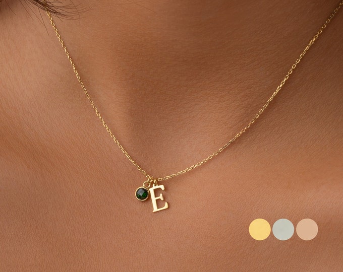 14K Gold Initial Necklace with Birthstone, Custom Initial Necklace, Personalized Necklace, Birthstone Necklace, Birthday Gift for Her