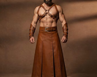 Men Leather Gladiator Kilt Outfit | Brown Warrior Skirt Harness Set | Medieval Armor Costume | Gothic Festival Outfit Men