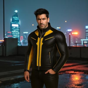 Black Yellow Leather Jacket for Men – Superhero Style Genuine Leather – Custom Fitted Biker Cosplay Costume Jacket