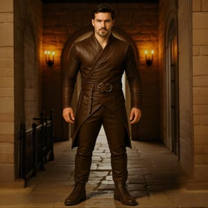 Brown Leather Warrior Trench | Handmade Genuine Leather Outfit | Custom Size Fantasy Jacket for Men | Cosplay Ready