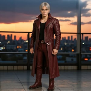 Long Maroon Leather Coat – Custom Fantasy Trench Coat for Men | Handmade Real Leather Cosplay Coat