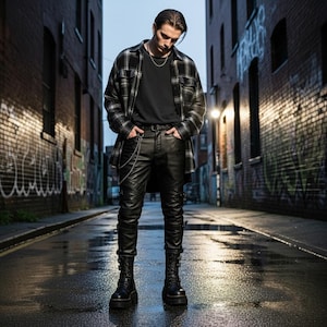 Black Gothic Combat Leather Pants – Strapped Biker Pants for Men Punk Cosplay & Festival Streetwear