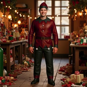May include: A person wearing a red and green elf costume. The costume includes a red jacket with a brown belt, green pants, a matching hat, and black boots. The outfit has white pom-poms and green trim. The background is a festive workshop.