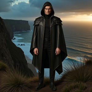 Genuine Leather Hooded Cloak | Medieval Fantasy Black Cape | Custom Handmade Men’s Cosplay Renaissance Outfit