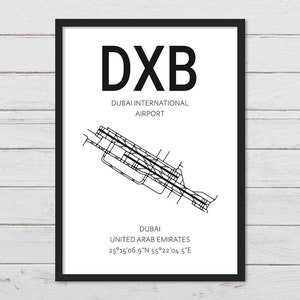May include: Black and white illustration of Dubai International Airport (DXB) with the airport code and location details: Dubai, United Arab Emirates, 25&deg;15'06.9"N 55&deg;22'04.5"E.