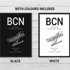 May include: Two printable airport code posters, one black and one white, with the code BCN for Barcelona International Airport, Spain, and the airport's coordinates.