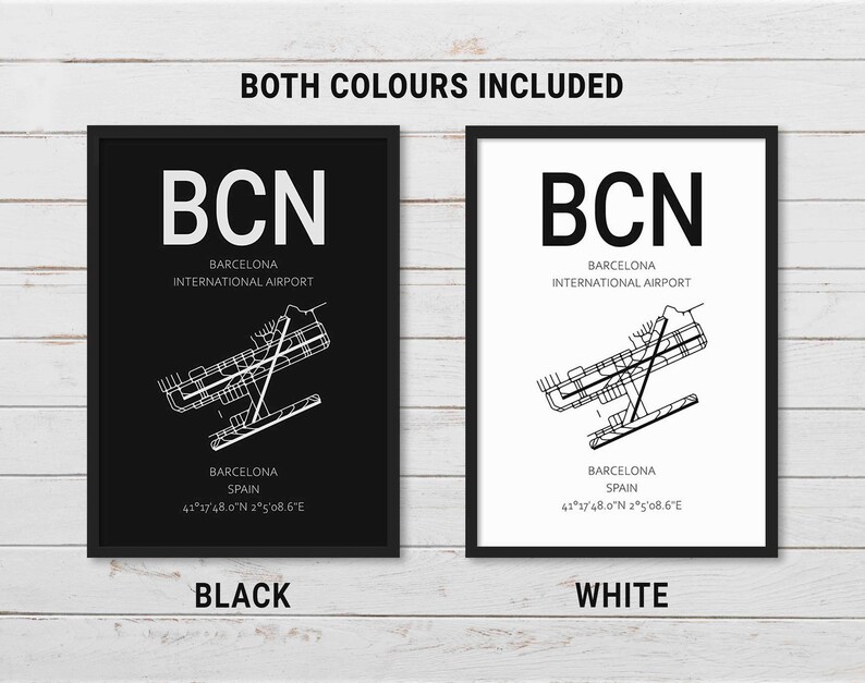 May include: Two printable airport code posters, one black and one white, with the code BCN for Barcelona International Airport, Spain, and the airport's coordinates.