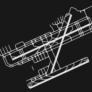 May include: A black and white diagram of an airport runway layout. The diagram shows the runway, taxiways, and other airport infrastructure.