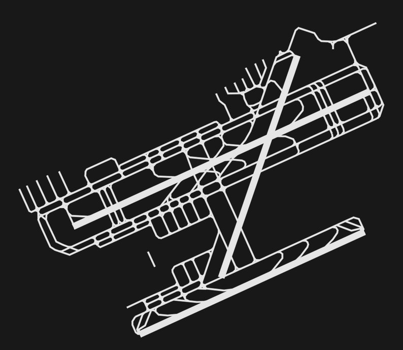 May include: A black and white diagram of an airport runway layout. The diagram shows the runway, taxiways, and other airport infrastructure.