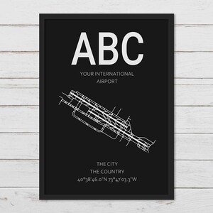 May include: Black and white airport map print with the text "ABC YOUR INTERNATIONAL AIRPORT THE CITY THE COUNTRY 40&deg;38'46.0"N 73&deg;47'03.3"W"