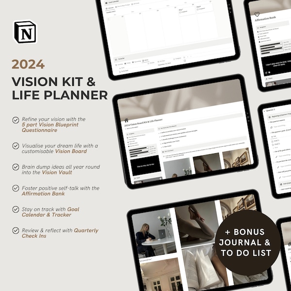 2024 Vision Board Kit & Life Planner | Goal Tracker | Notion Template | New Years Resolution | Aesthetic Manifestation Journal | Dream Life