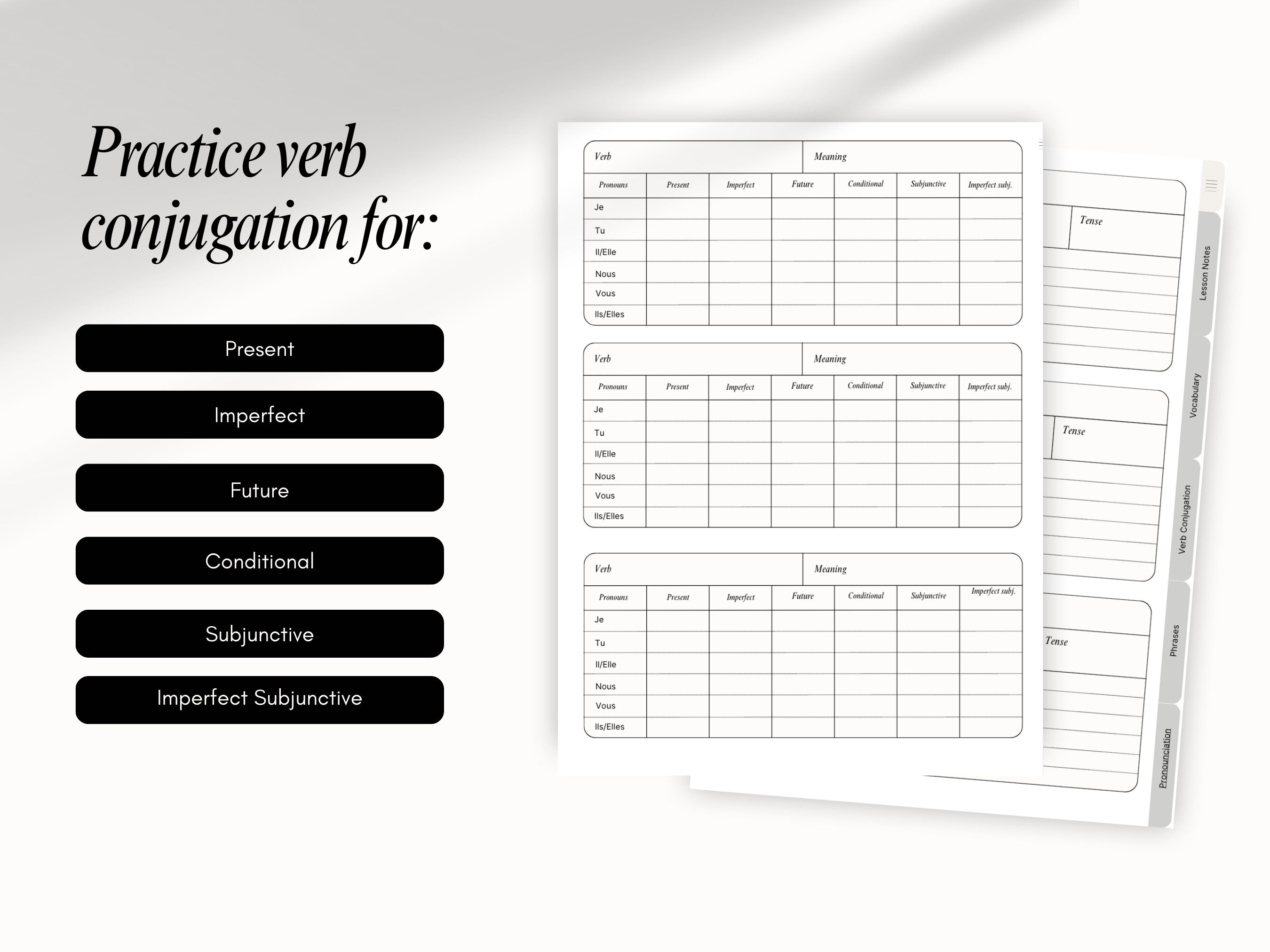 French Verb Conjugation Practice Sheets, Language Learning, Goodnotes, Notability, Vocabulary
