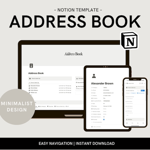 Address Book | Contact List | Digital Address Book | Birthday Tracker | Catch up Reminder | Customisable & Flexible |  Notion Template