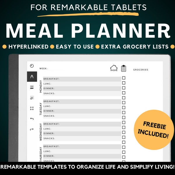 reMarkable template meal planner, digital meal planner for reMarkable 2, weekly meal planner reMarkable template planner, meal plan template