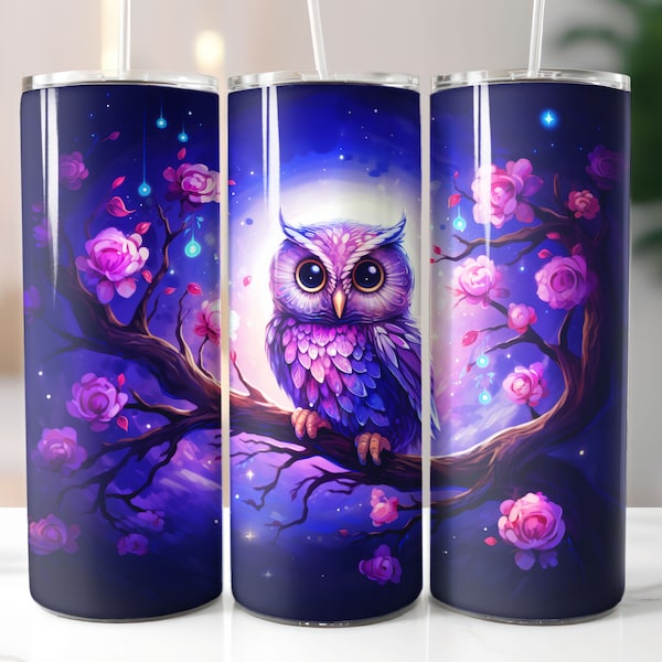 OWL tumbler, floral, pink and purple,  OWL stained glass 20oz Skinny Tumbler Sublimation Designs Tumbler for Straight/Tapered PNG  Download