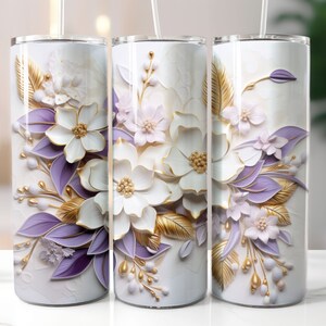 Involucro per bicchiere colorato floreale senza cuciture, elegante bicchiere sottile da 20 once con disegni a sublimazione, fiori viola e dorati - File PNG incluso!