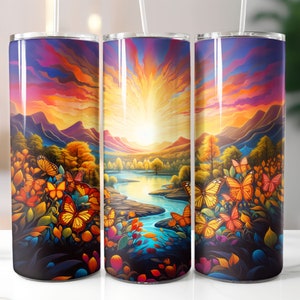 Nature Landscape Tumbler PNG Wrap, 20oz Colorful Butterfly Digital Wrap, Straight & Tapered Sublimation Design Download