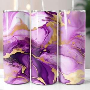 Involucro per bicchiere colorato in marmo senza cuciture, elegante bicchiere sottile da 20 once con disegni a sublimazione, viola oro colorato - File PNG incluso!