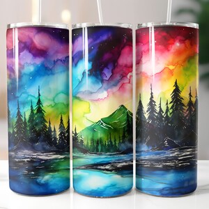 Alcohol Ink Northern Lights 20oz Sublimation Tumbler Designs, Galaxy 9.3 x 8.2” Straight Skinny Tumbler Wrap PNG, Sublimation Design PNG