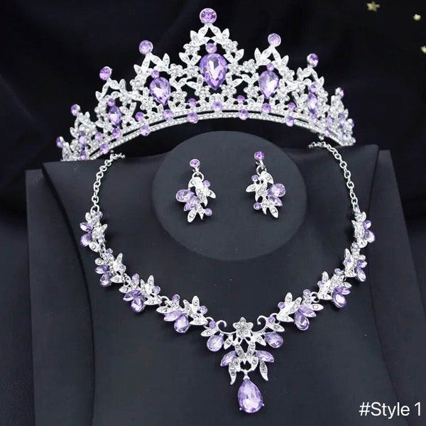 Purple Baroque Bridal Tiara Set, Floral Crystal Crown, Silver Necklace Earrings Set, Prom Hair Jewelry Set, Purple Quinceanera Tiara