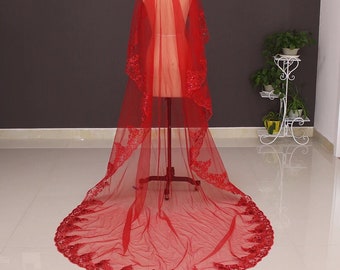 Gorgeous Red Wedding Veil, Long Cathedral Veil with Comb, Floral Embroidered Veil, Red Bridal Veil, Lace Tulle Veil, Wedding Accessories