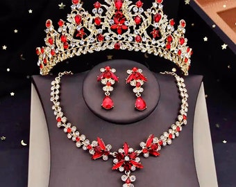 Red Baroque Bridal Tiara Set, Gold Wedding Necklace and Earrings Set, Floral Crystal Necklace, Prom Jewelry Red Headpiece Quinceanera Crown