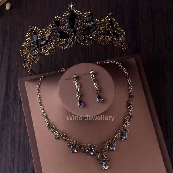 Baroque Black Bridal Tiara Set Gold Wedding Crown Set Bridal Necklace Earrings Set Quinceanera Hair Jewelry Wedding Headpiece Prom Jewelry